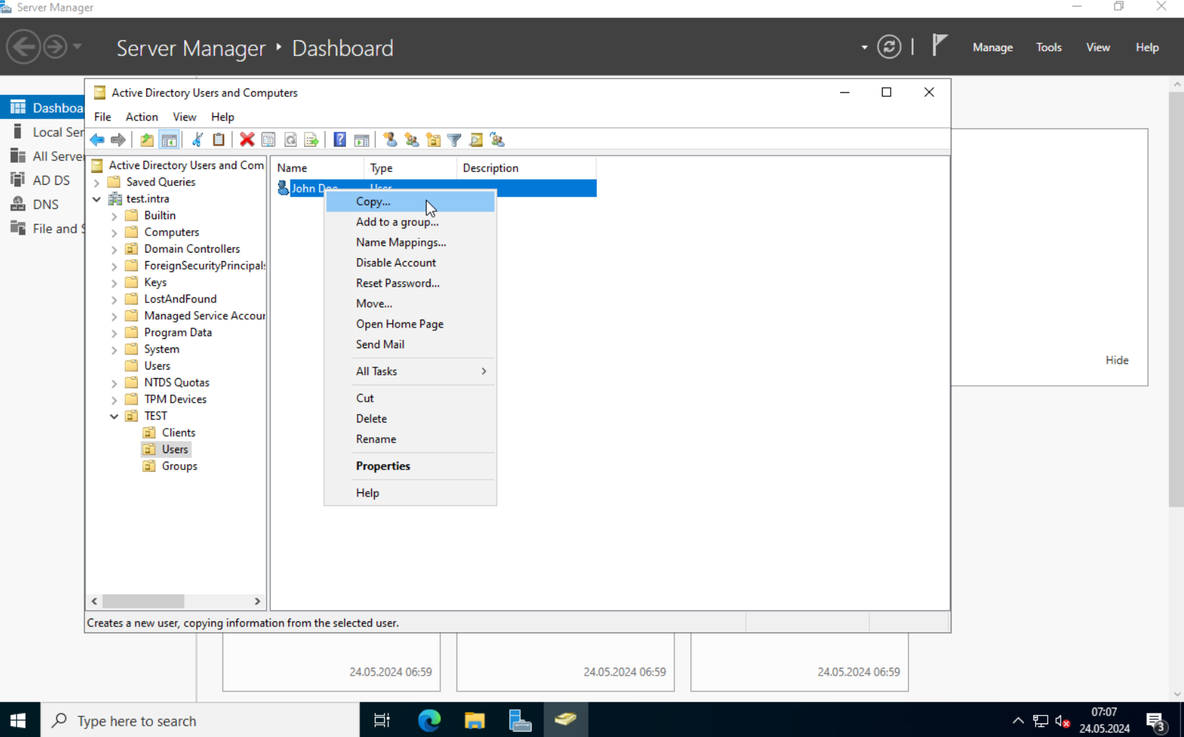 AD: Right-click Copy to create a user from template