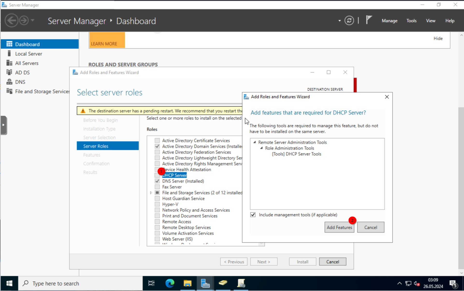 Add Roles: Selecting DHCP Server role