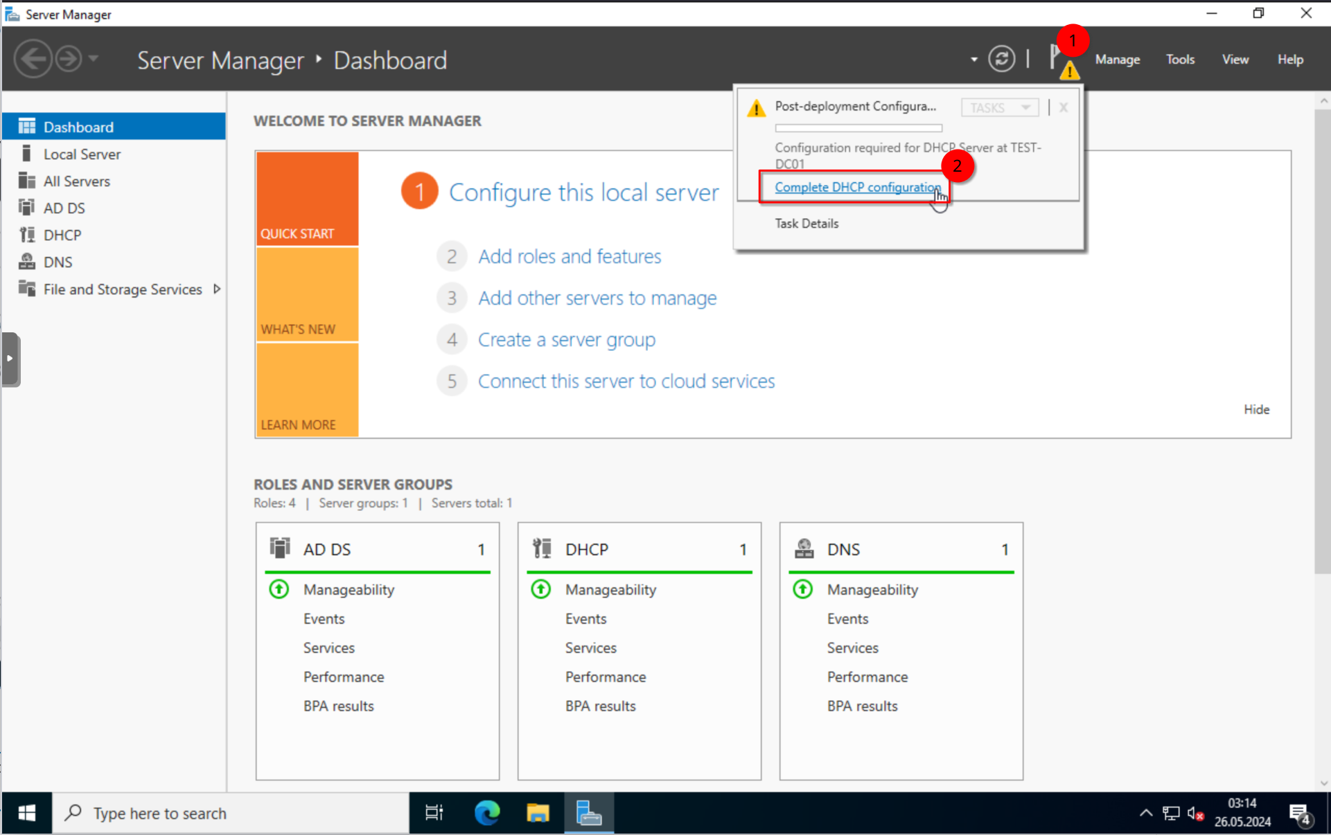 Server Manager: Complete DHCP configuration banner