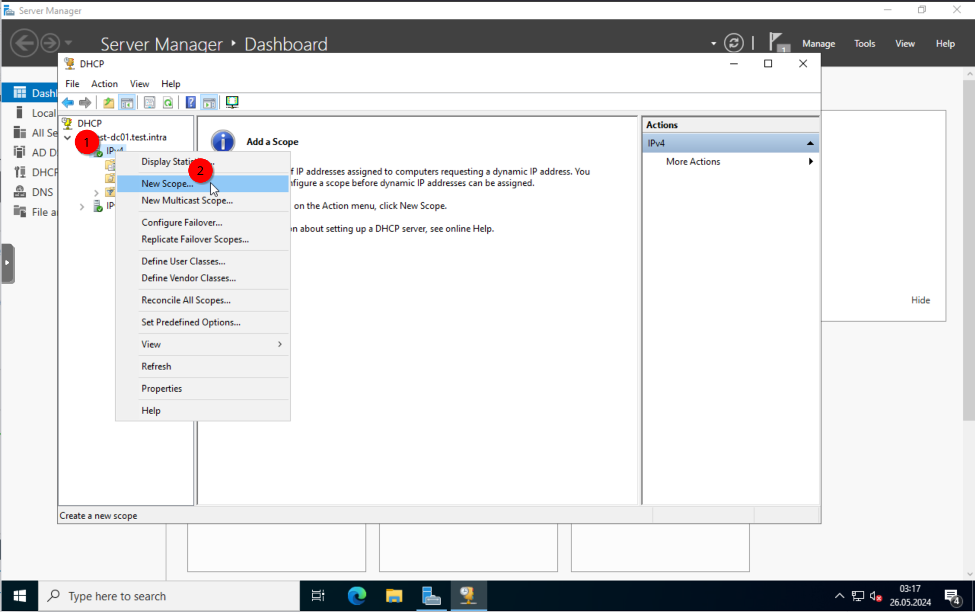 DHCP: Right-click IPv4 to create a new scope