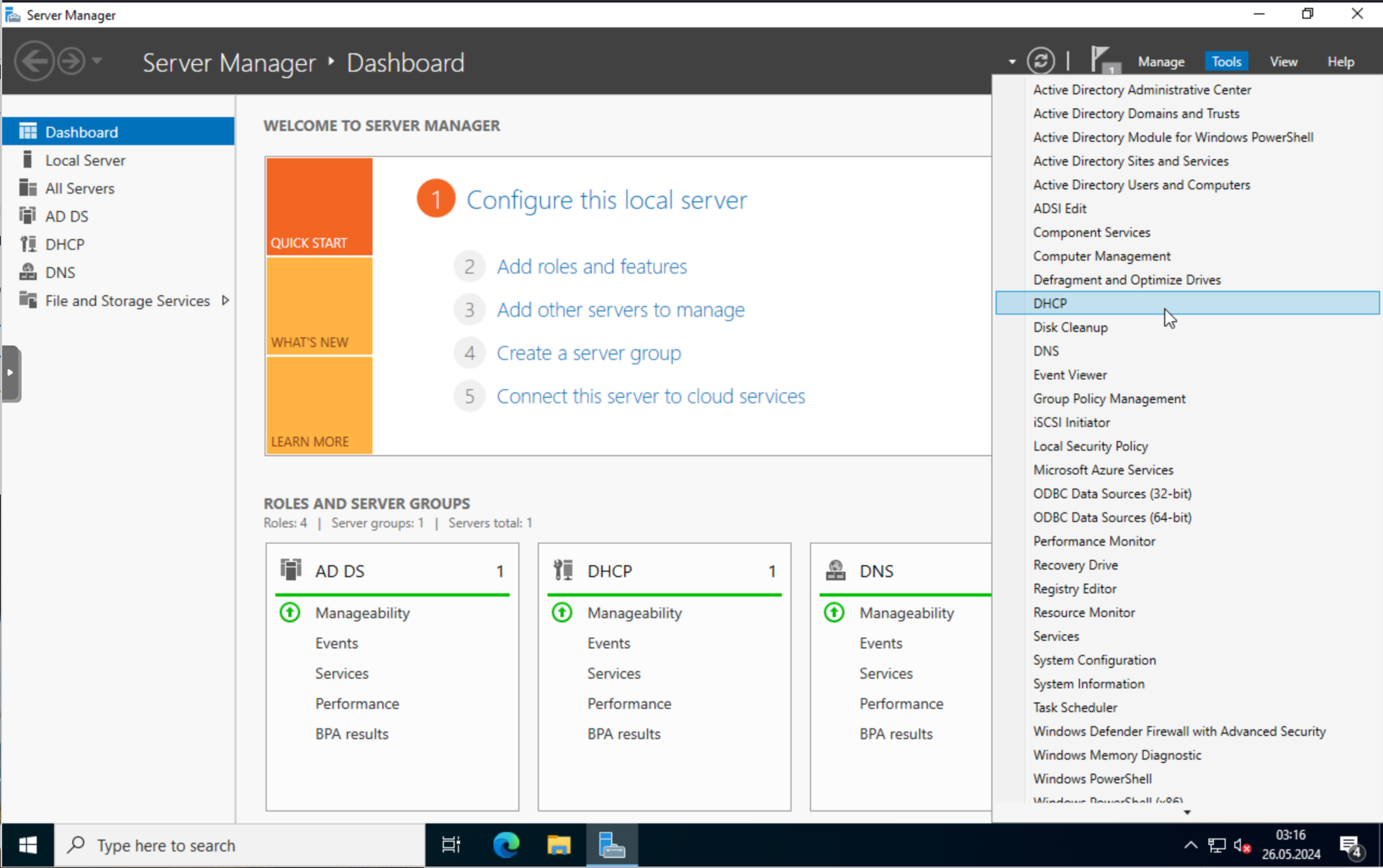 Server Manager: Opening DHCP console from Tools