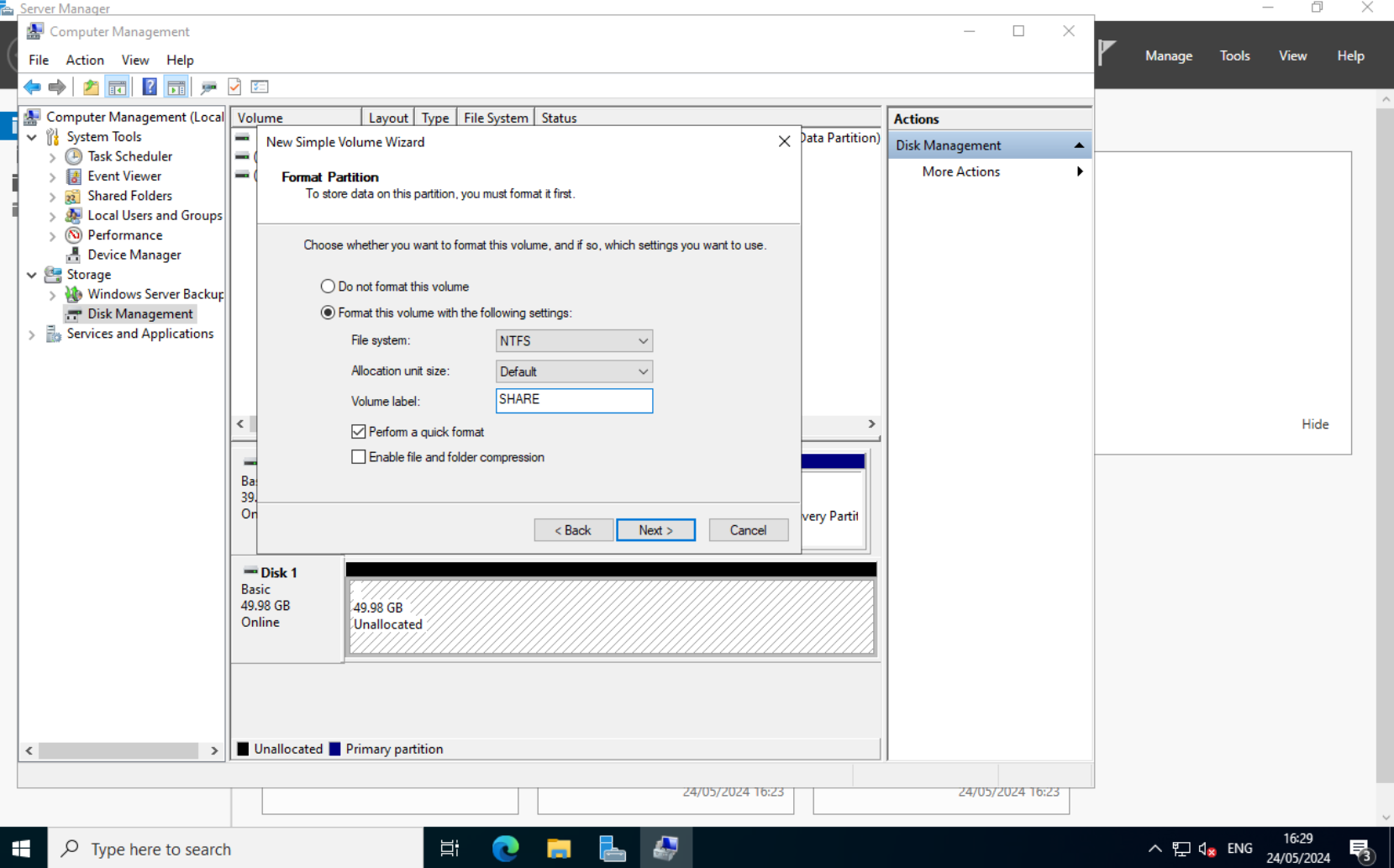 Disk Management: Format partition with volume name
