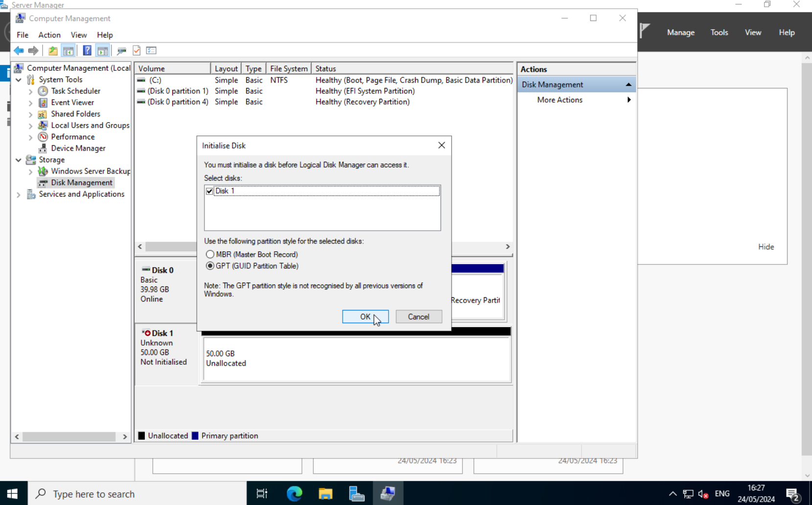 Disk Management: GPT partition style selected