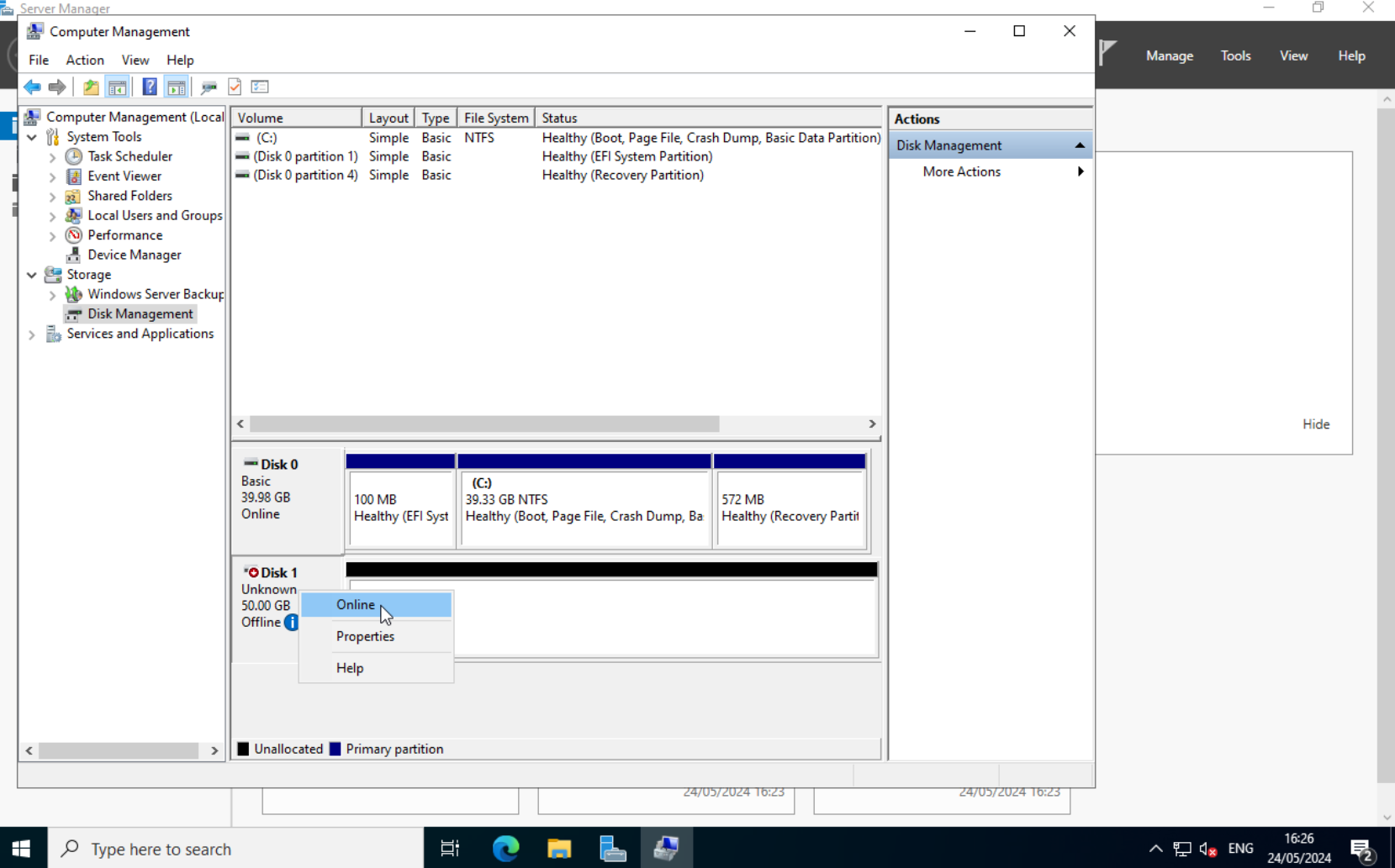 Disk Management: Setting the new disk to Online