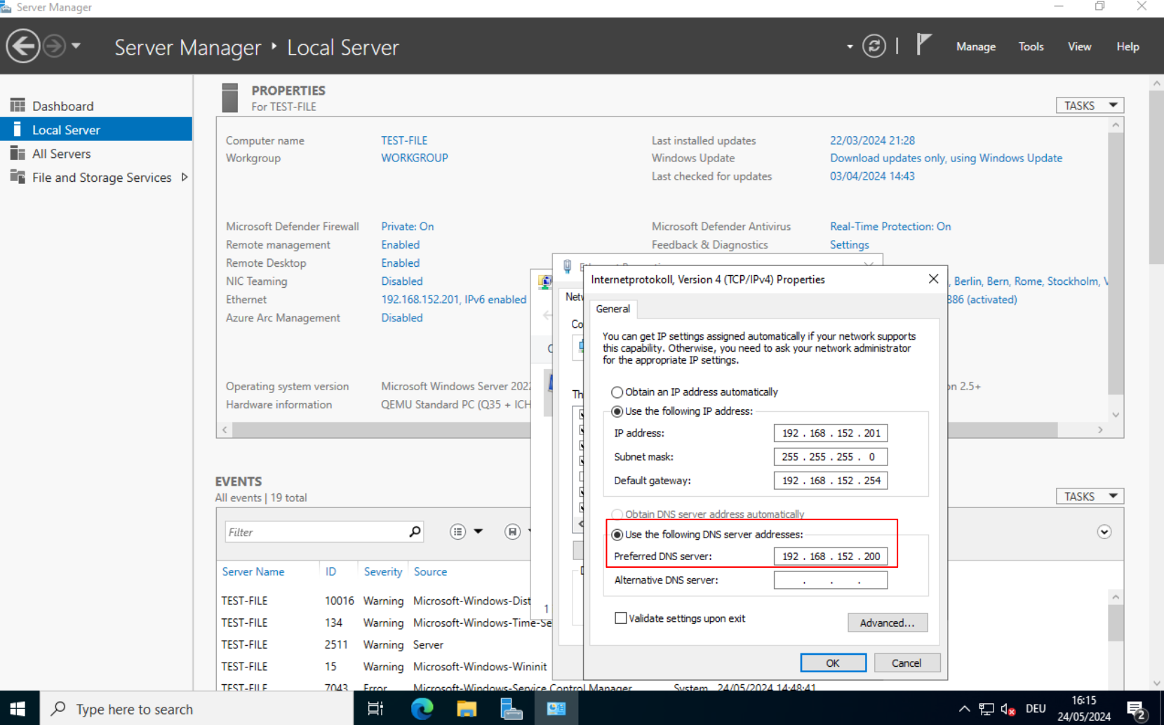 File Server: Setting DNS to point to the Domain Controller