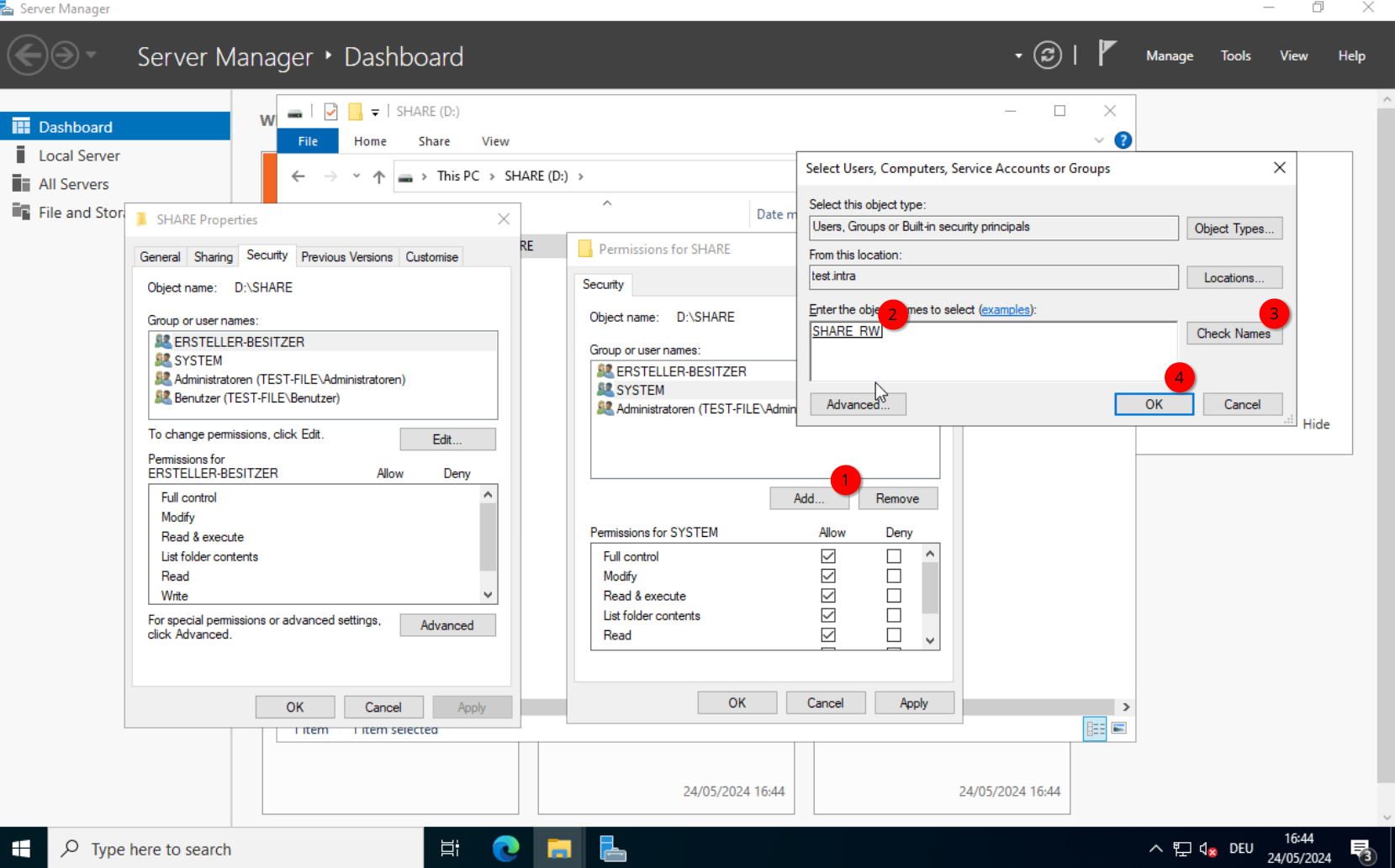 Security: SHARE_RW group permissions configured