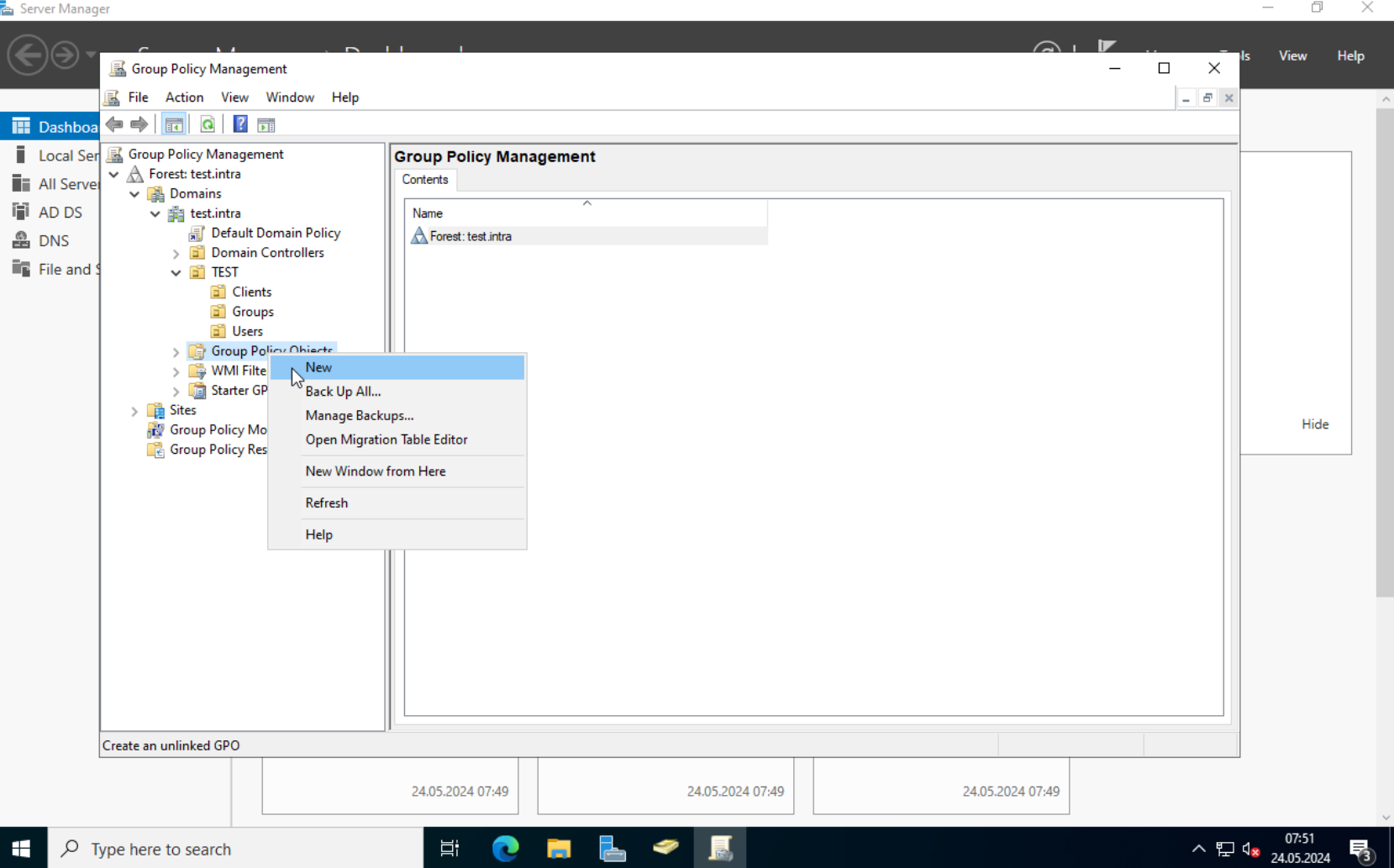 GPO: Right-click to create a new Group Policy Object