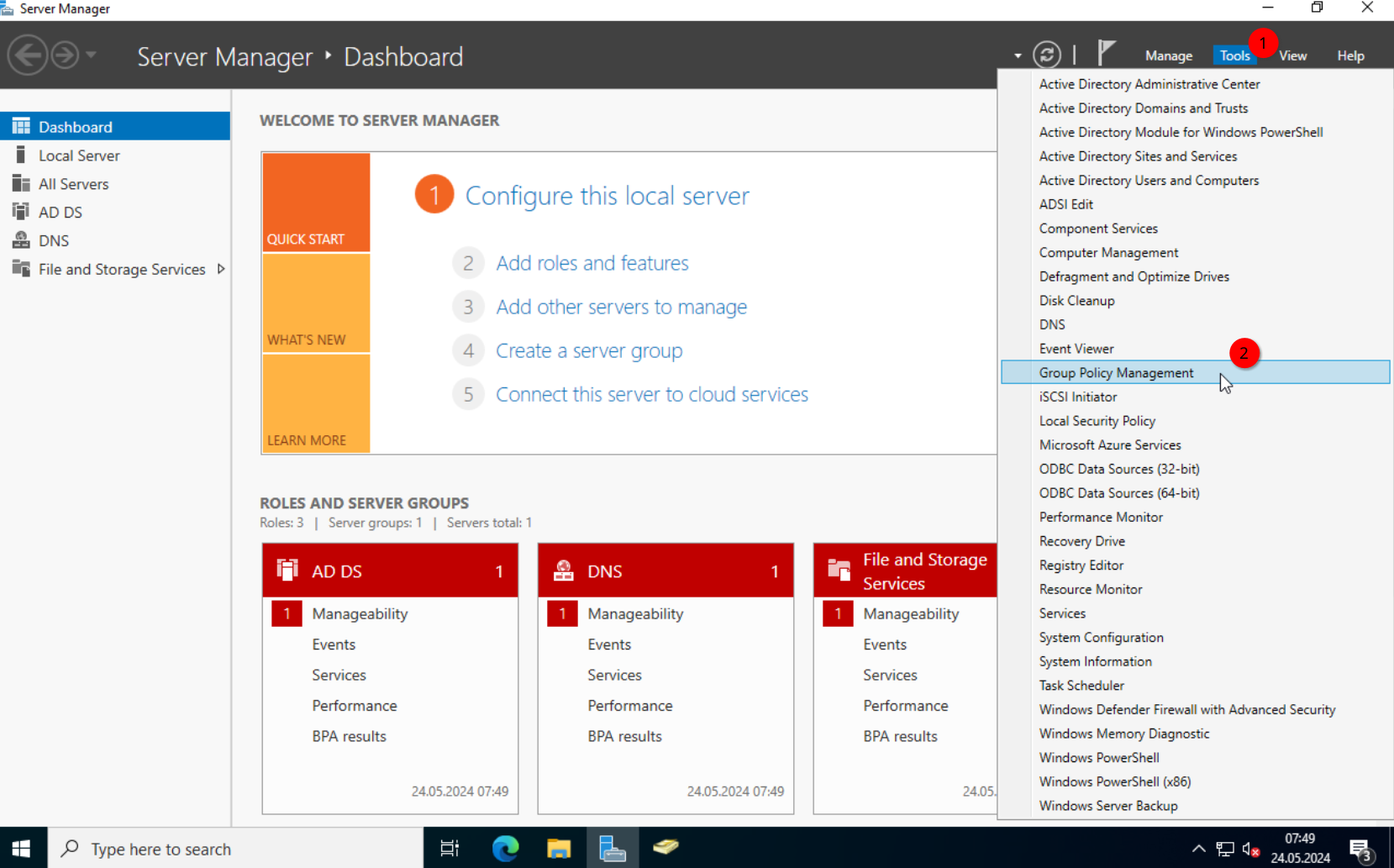 Server Manager: Opening Group Policy Management