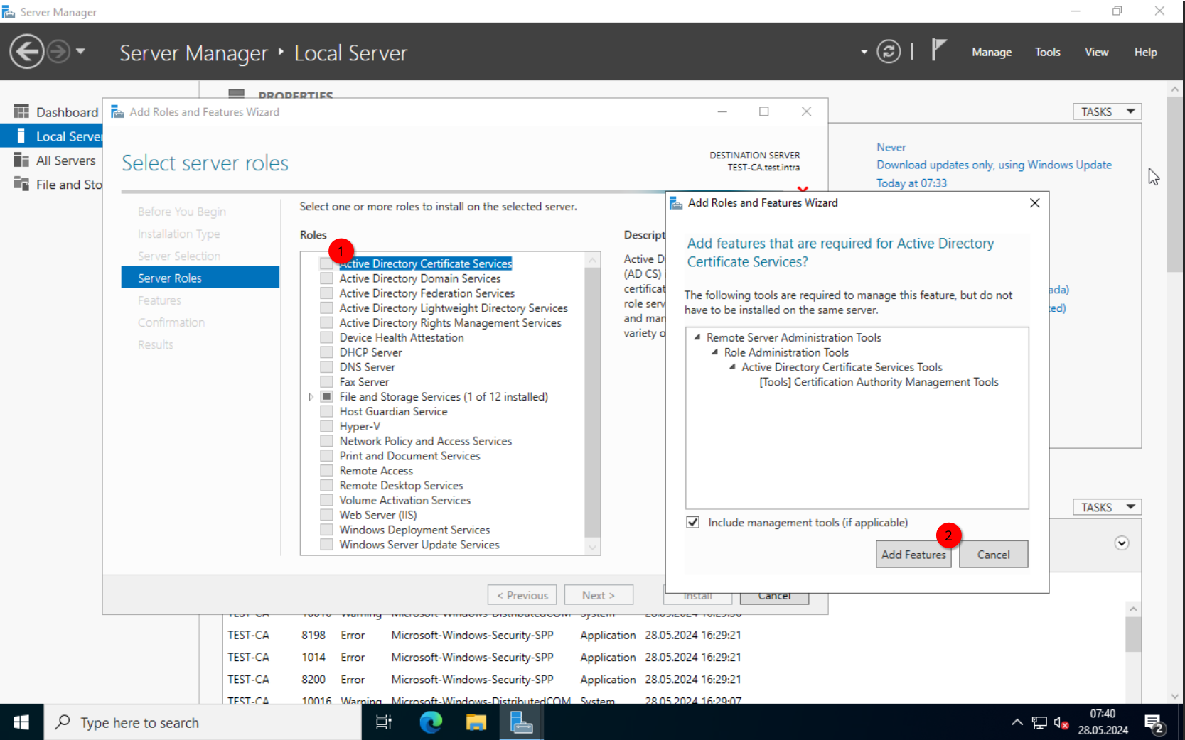 Add Roles: Selecting Active Directory Certificate Services