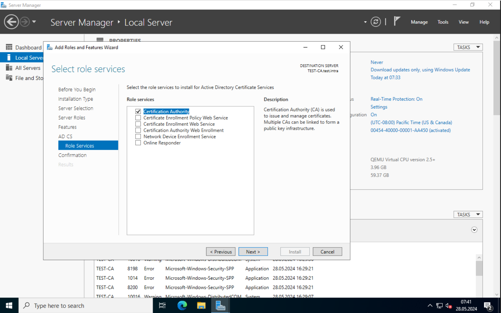 Add Roles: Certificate Authority role service selected