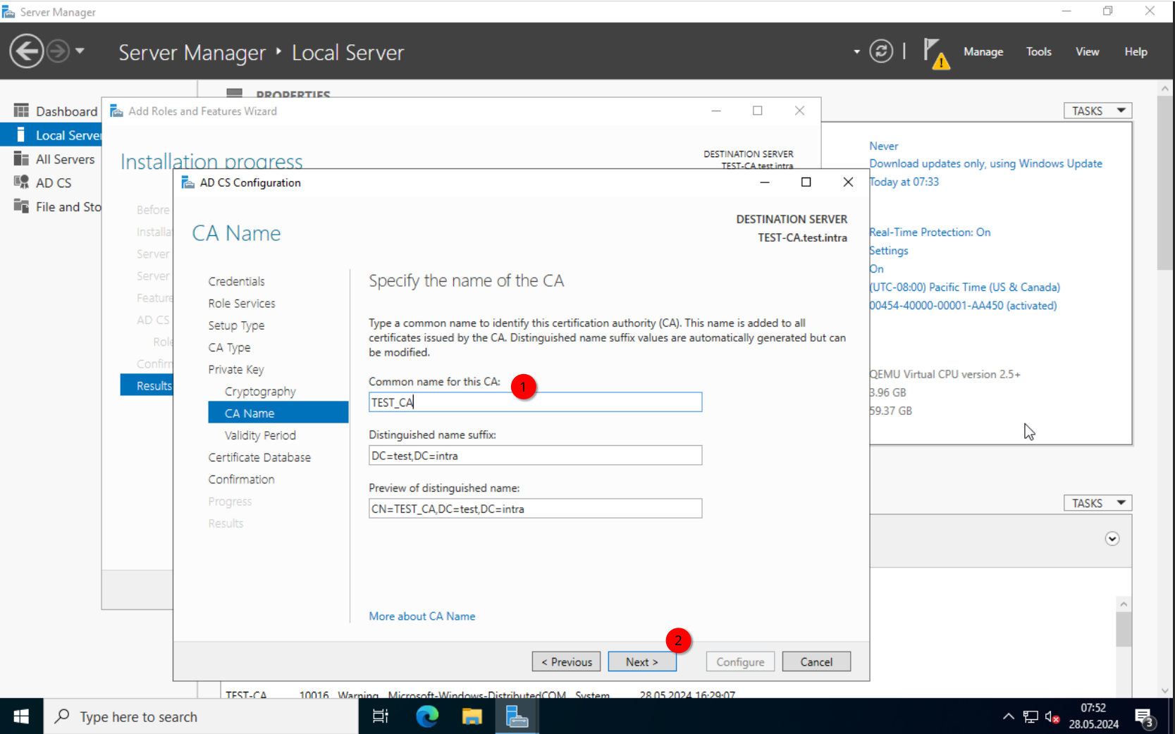 ADCS Config: CA common name set to TEST-CA