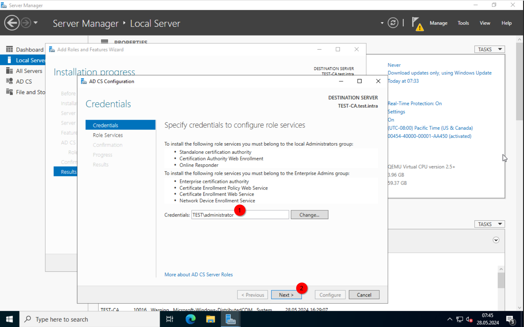 ADCS Config: Verifying credentials