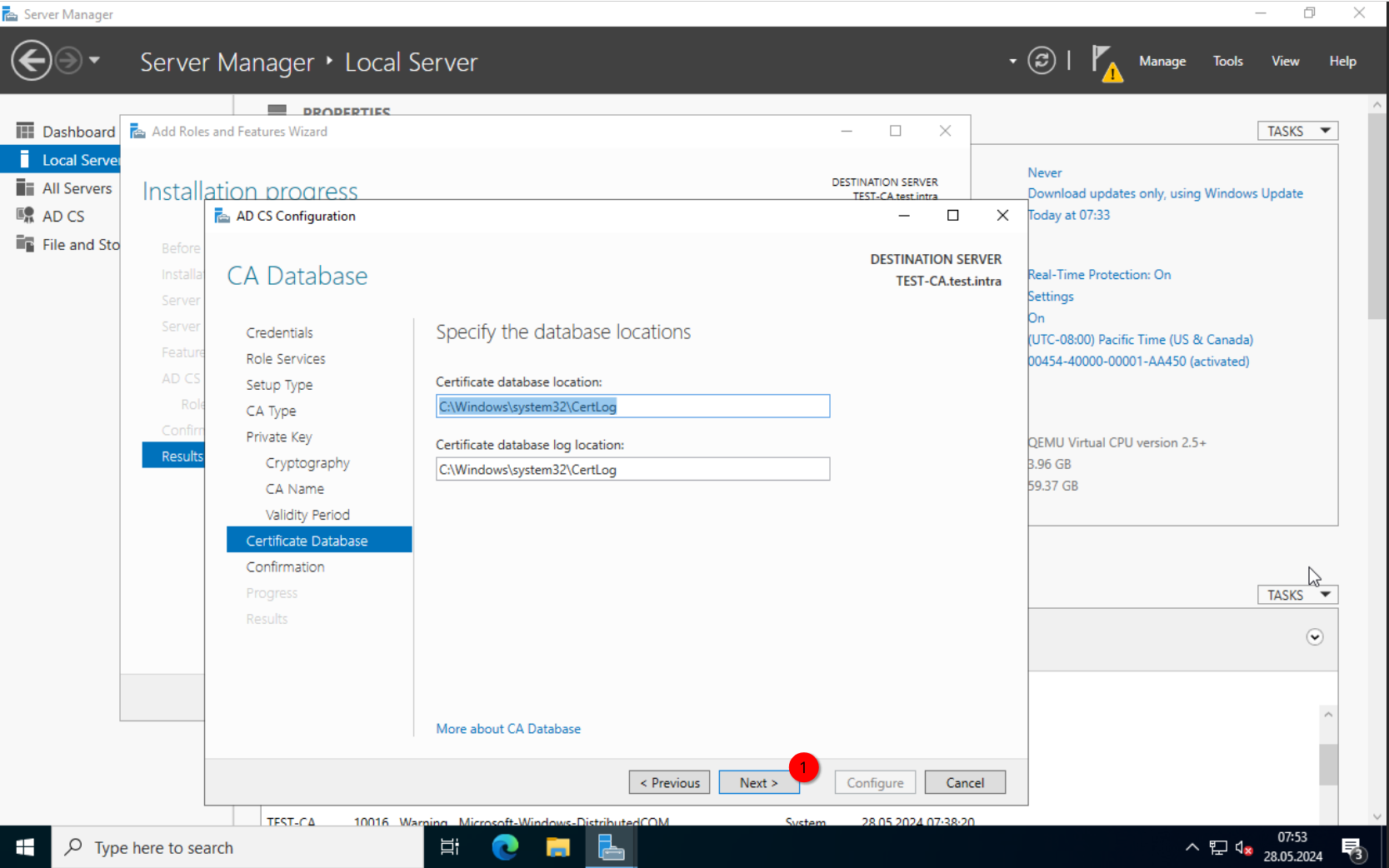 ADCS Config: Database location defaults