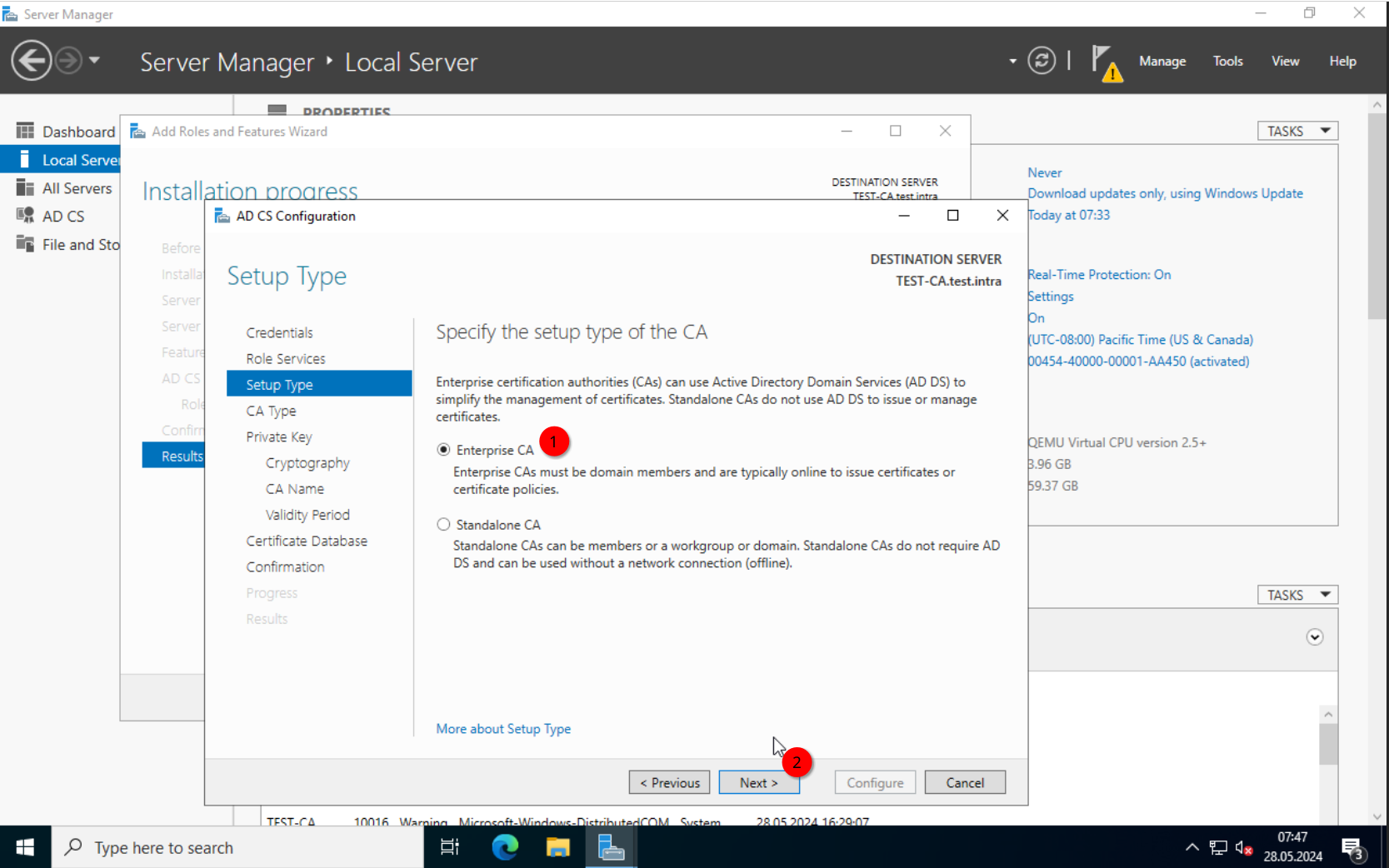 ADCS Config: Choosing Enterprise CA type