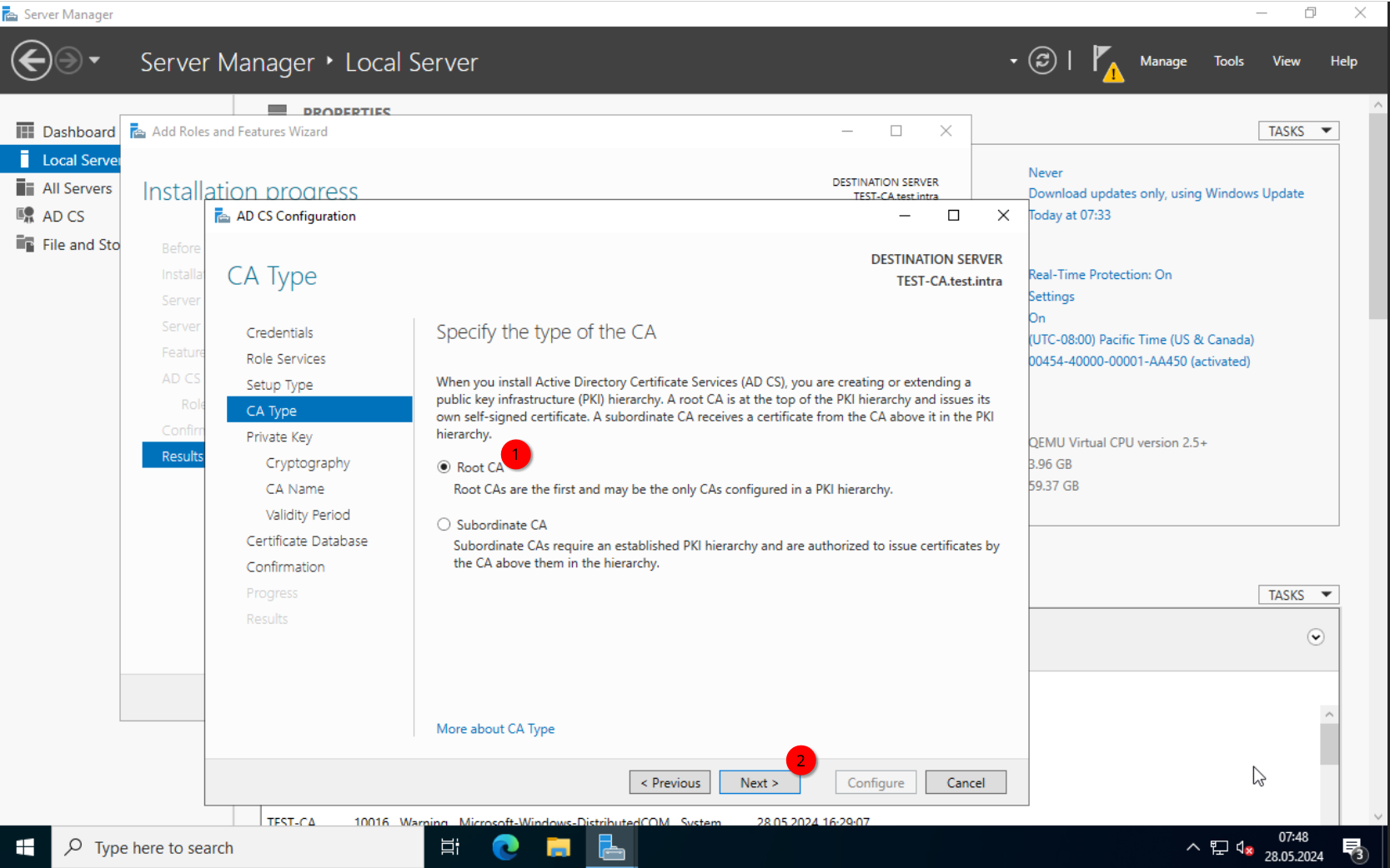 ADCS Config: Selecting Root CA