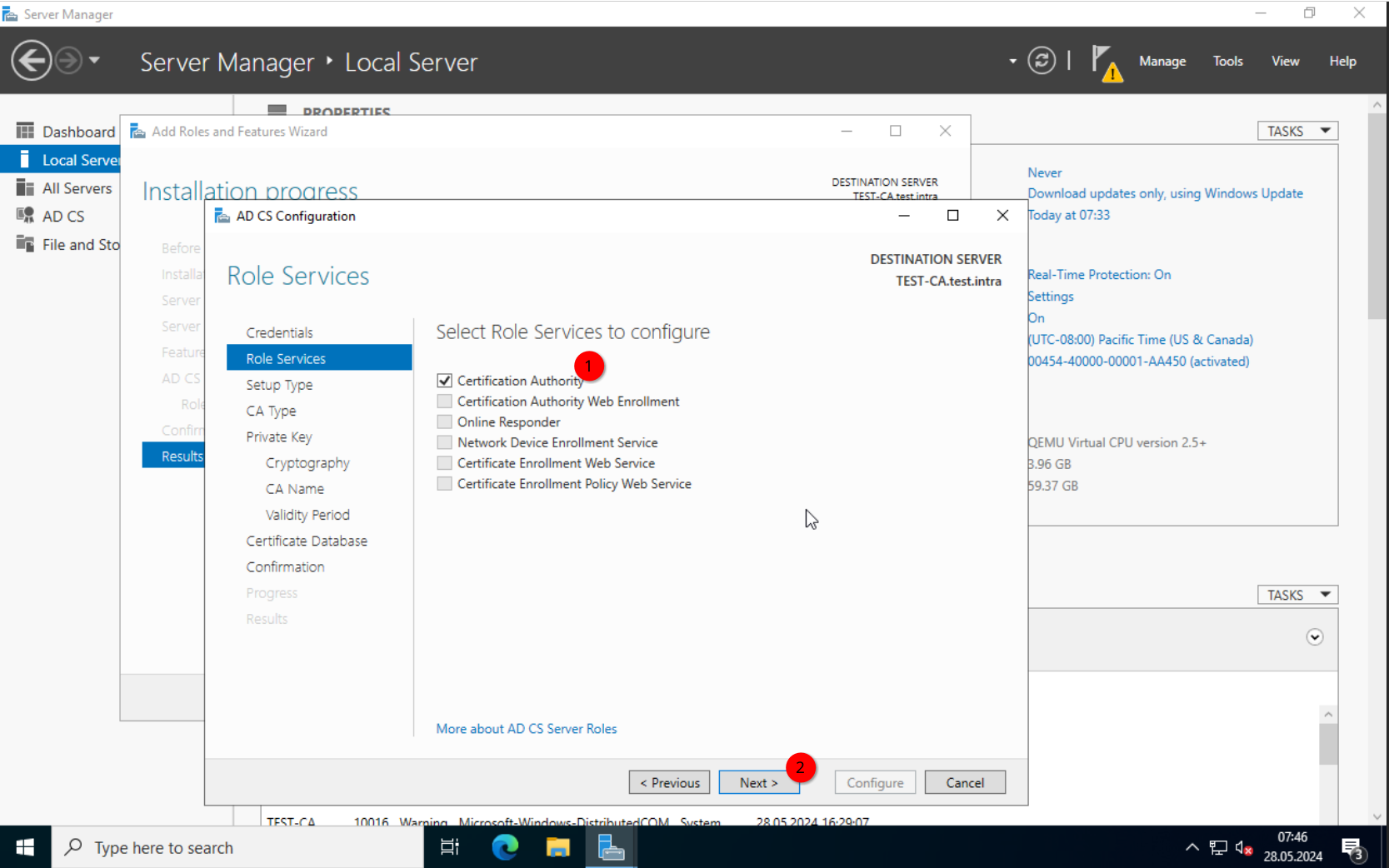 ADCS Config: Selecting Certificate Authority role service