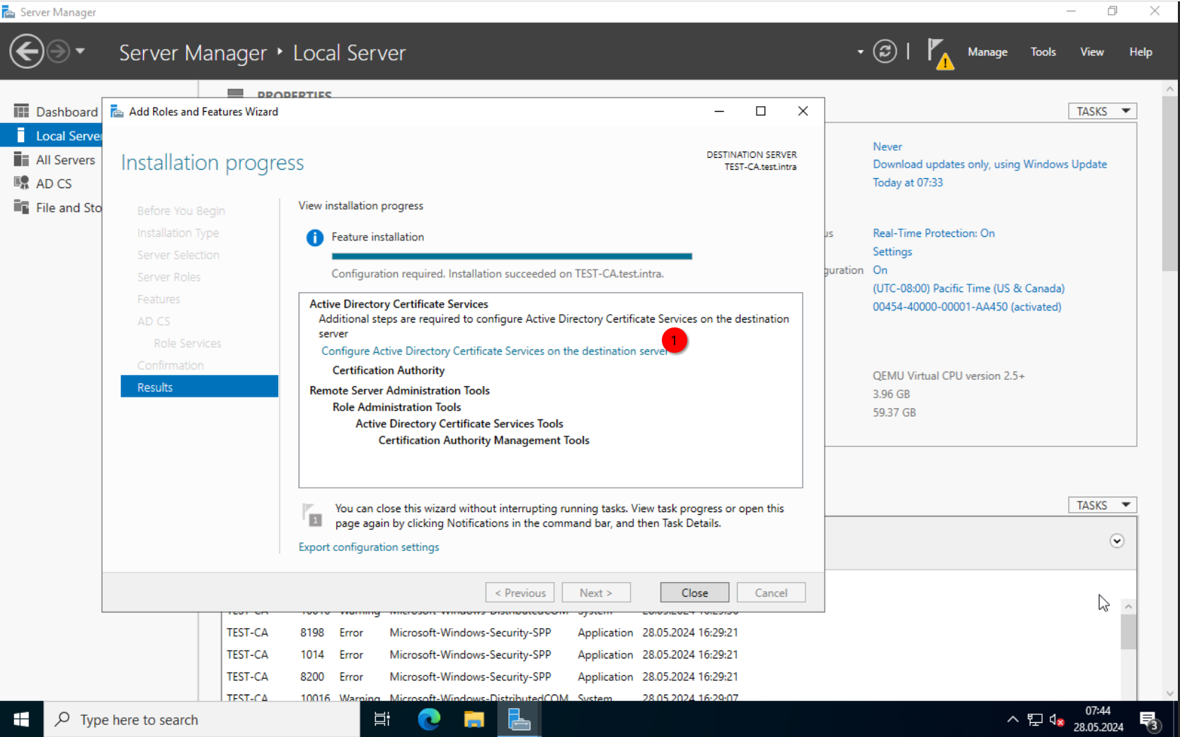 Server Manager: Configure ADCS banner after installation