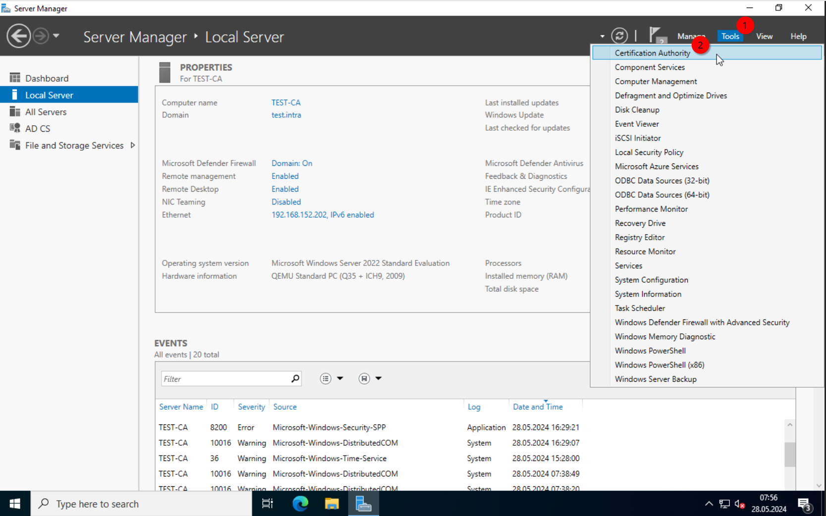Server Manager: Opening Certification Authority from Tools