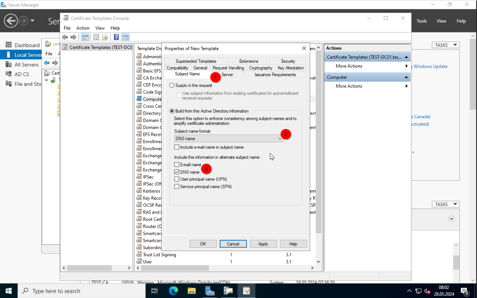 CA: Computer template subject name format configuration