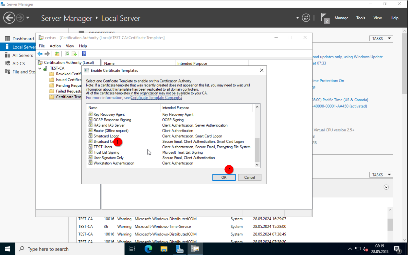 CA: Selecting TEST Users and TEST Computer templates to issue