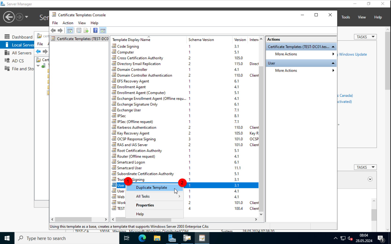 CA: Right-click User template to duplicate
