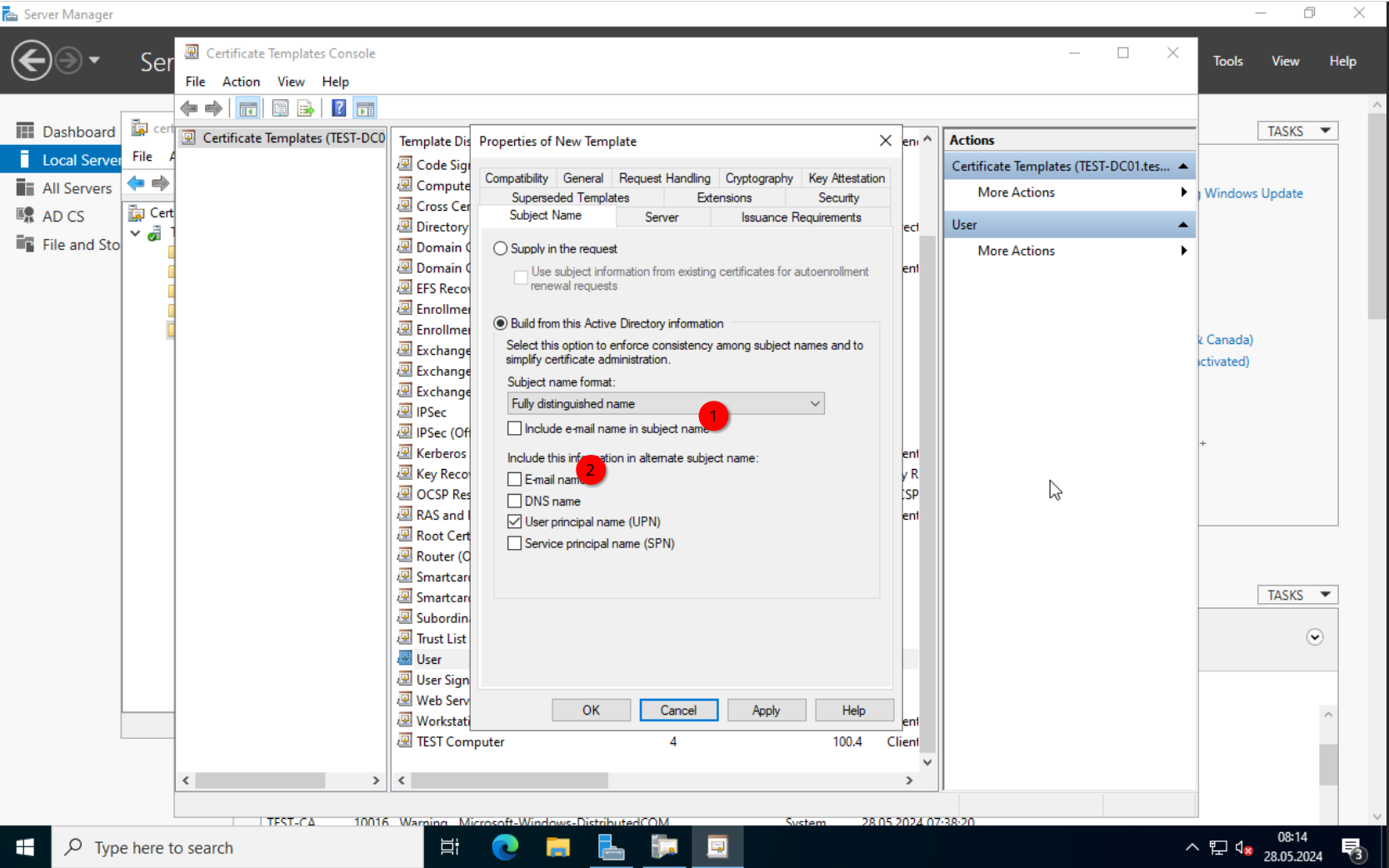 CA: User template subject name format configuration