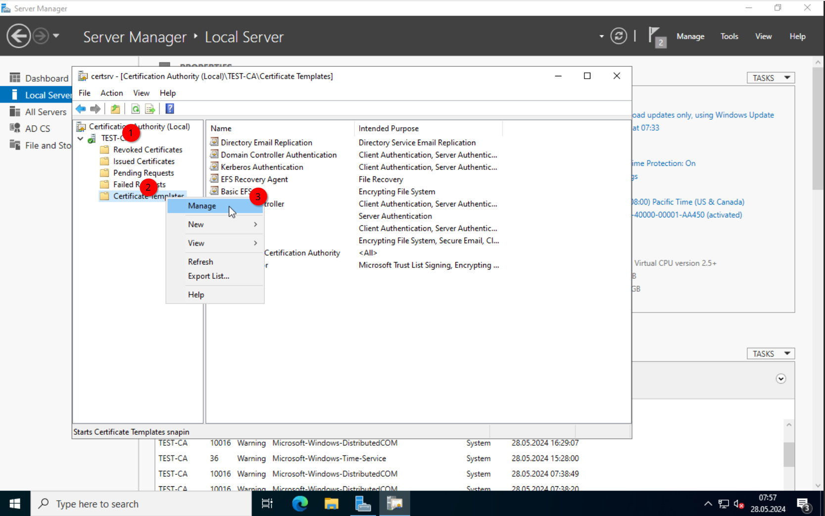 CA: Right-click Certificate Templates to manage