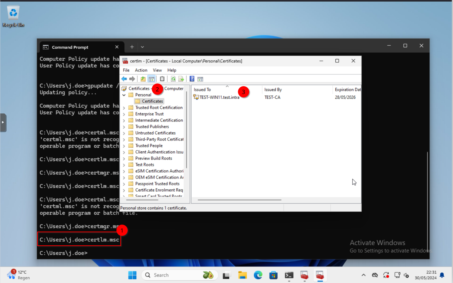 certlm.msc: Computer certificate issued by TEST-CA