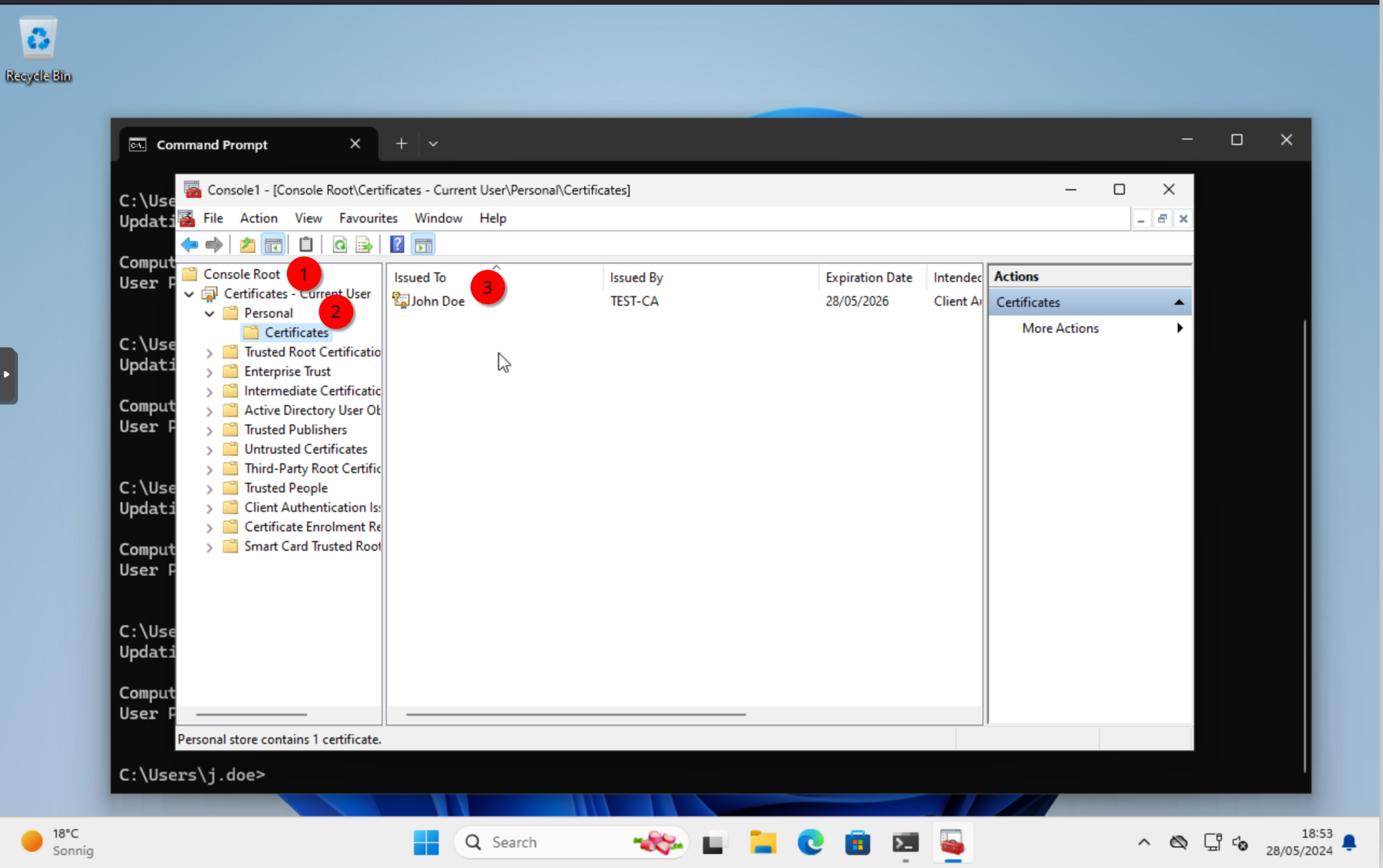 MMC: Certificates visible in the custom console