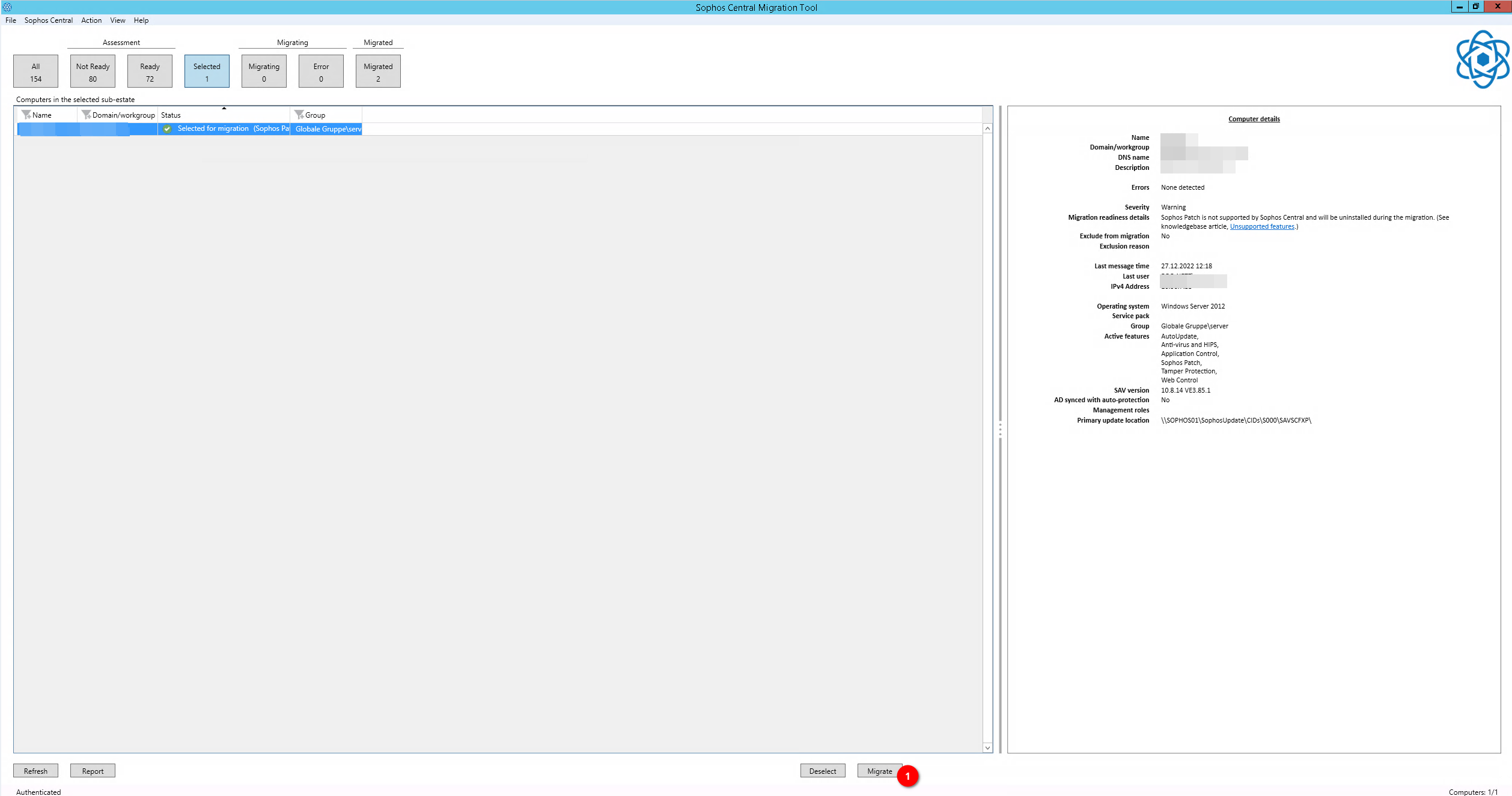 The “selected” pane of the Migration Tool