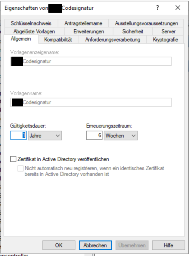 General tab: template name and validity/renewal period