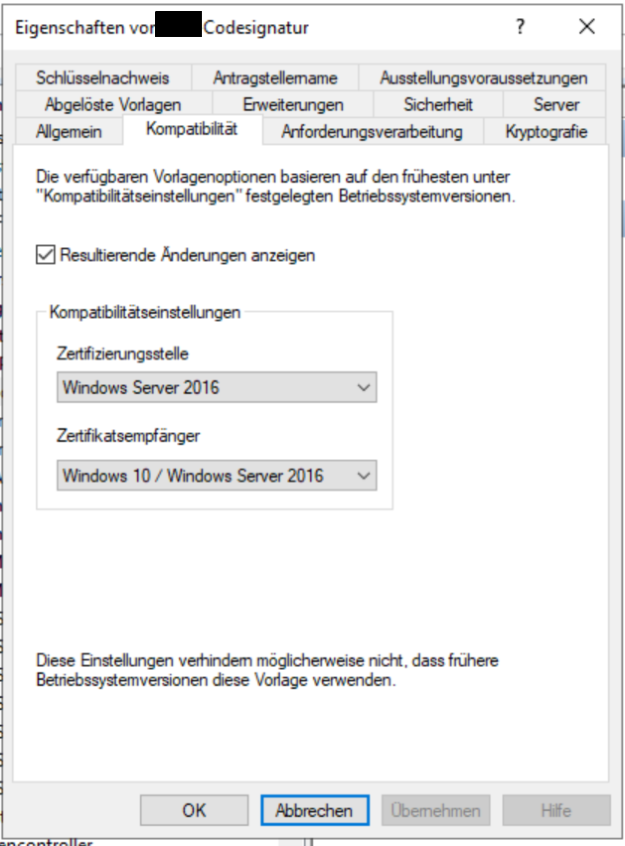 Compatibility tab: certification authority and certificate recipient OS versions