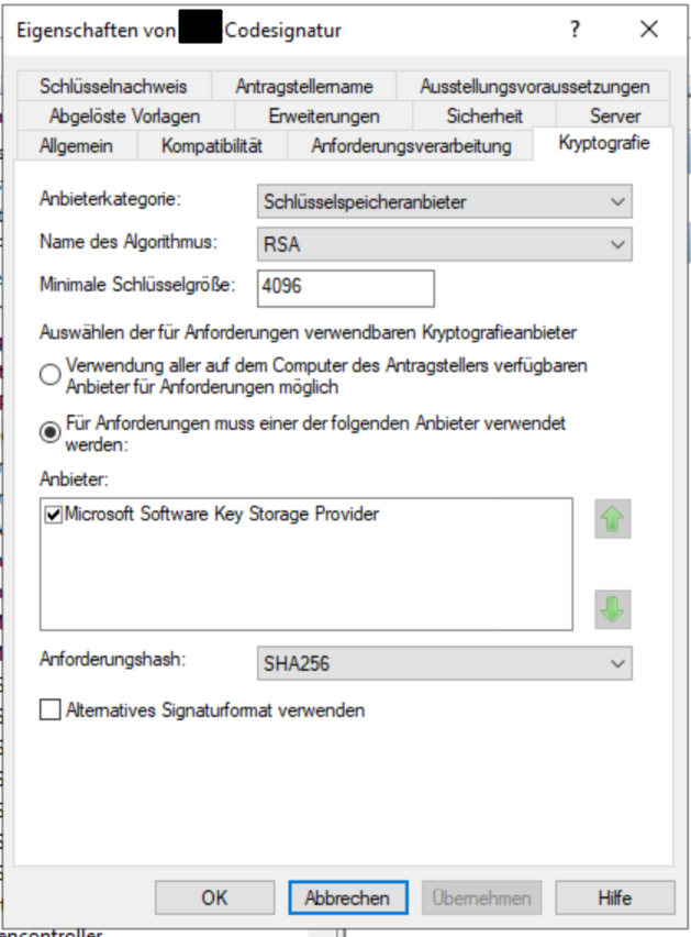 Cryptography tab: RSA key with a 4096-bit minimum size and SHA256 request hash