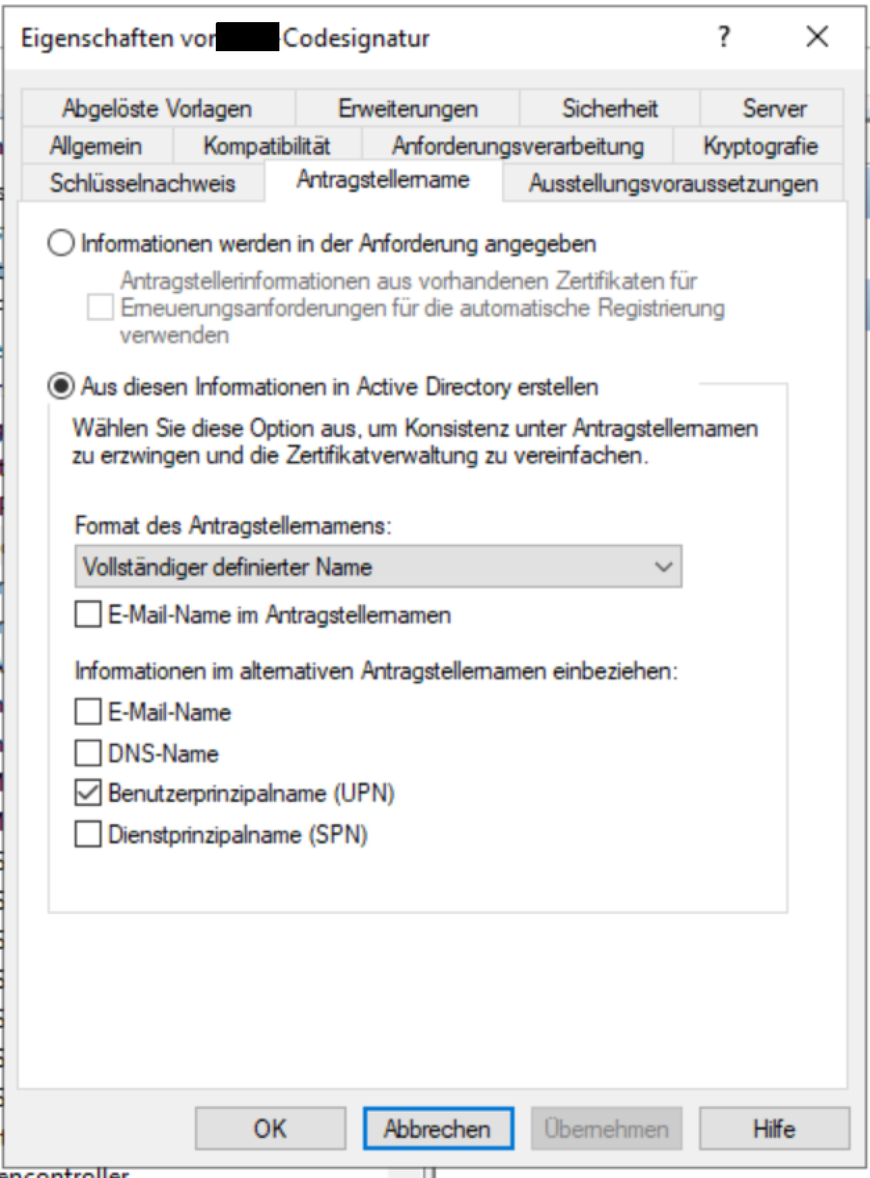 Subject Name tab: building the subject name from Active Directory