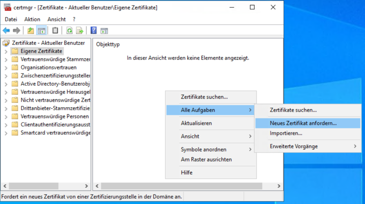 Certificate Manager (certmgr.msc): requesting a new certificate