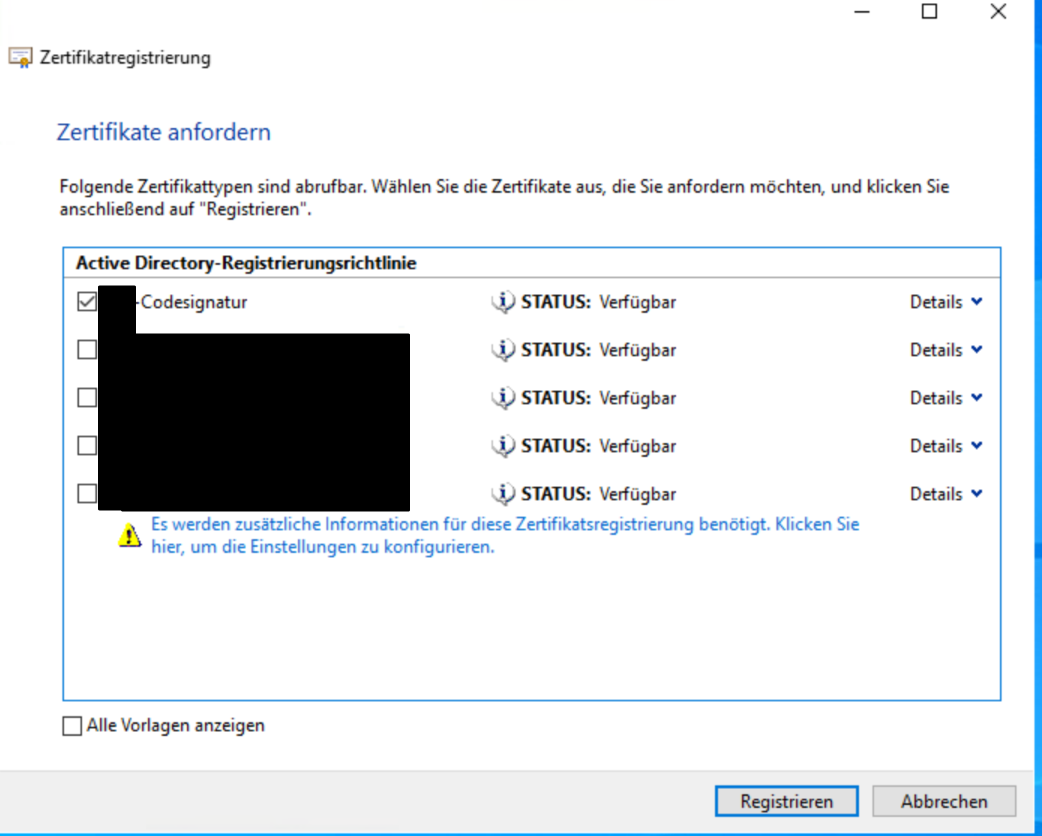 Certificate enrollment: selecting the Code Signing certificate template